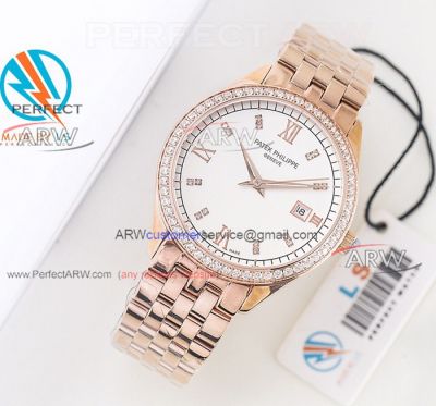 Perfect Replica Patek Philippe All Rose Gold Diamonds Couple Watches